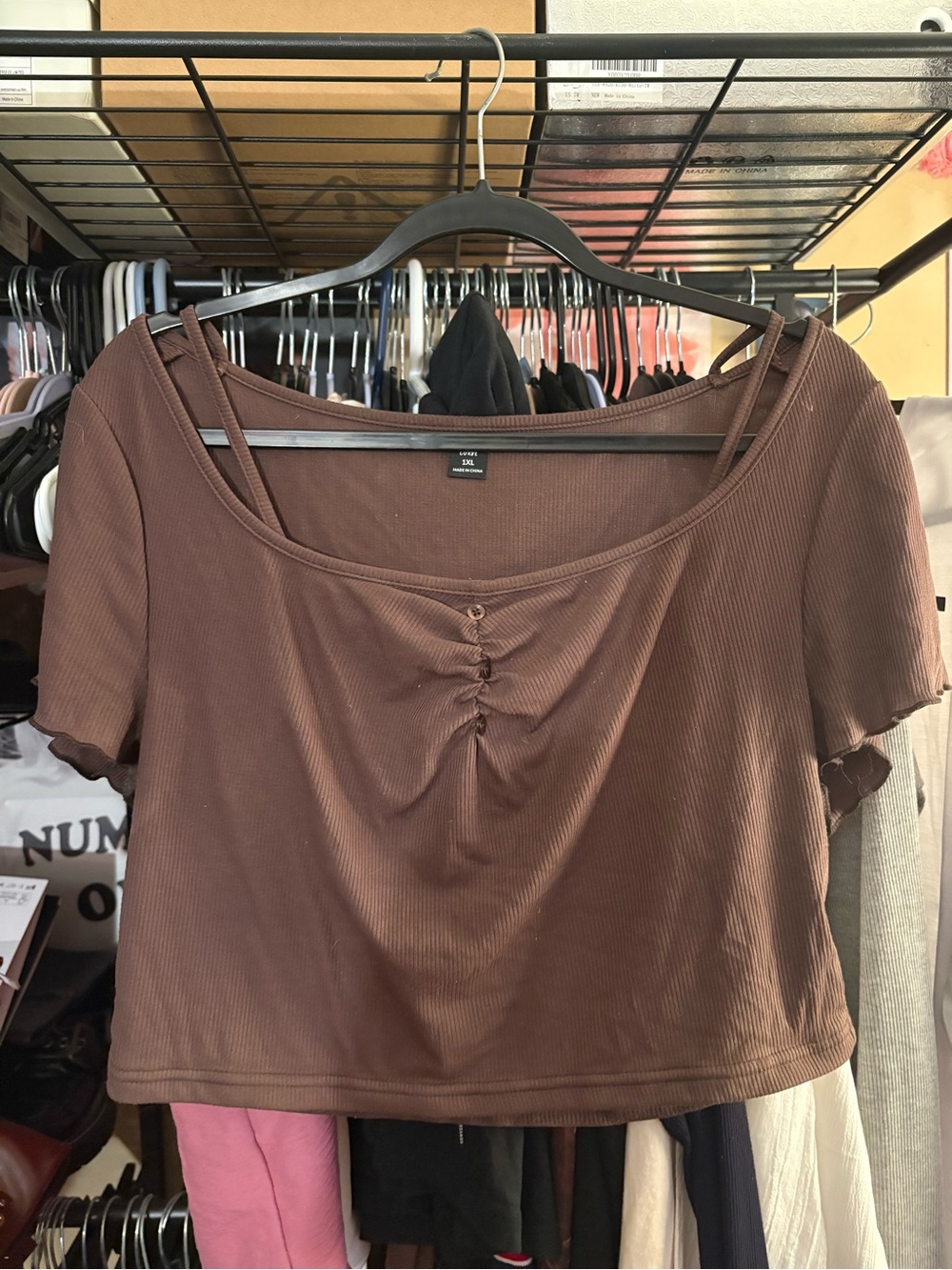 SHEIN Brown Ribbed Ruched Scoop Crop Top